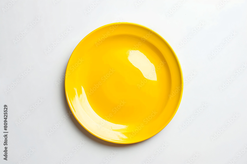 a yellow plate on a white surface