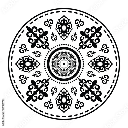 Vector round ethnic element, circular Kazakh national ornament, decorative design templates, isolated on white background	