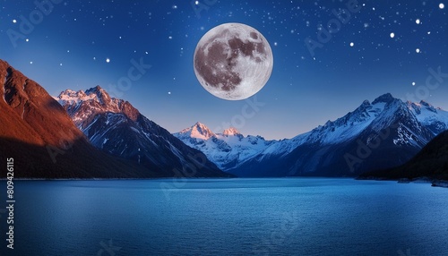 a detailed ( fine art ) portrait, stylized as an oil painting of the moon at night with beautiful mountains and sea; maiko glacier bay national park photo