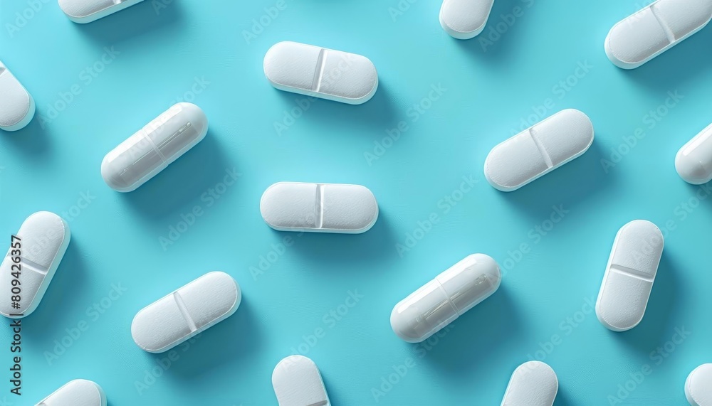 Minimalistic layout of white pills on a bright blue background, emphasizing clarity and purity in medicine Minimalistic layout of white pills on a bright blue background, emphasizing clarity and purity in medicine