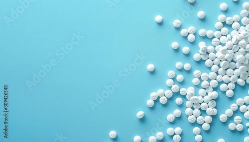 Minimalistic layout of white pills on a bright blue background, emphasizing clarity and purity in medicine