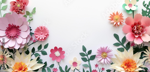 Paper-cut flowers creating spacious borders on white leaving plenty of room for heartfelt Mother's Day messages. copyspace. © Zeba