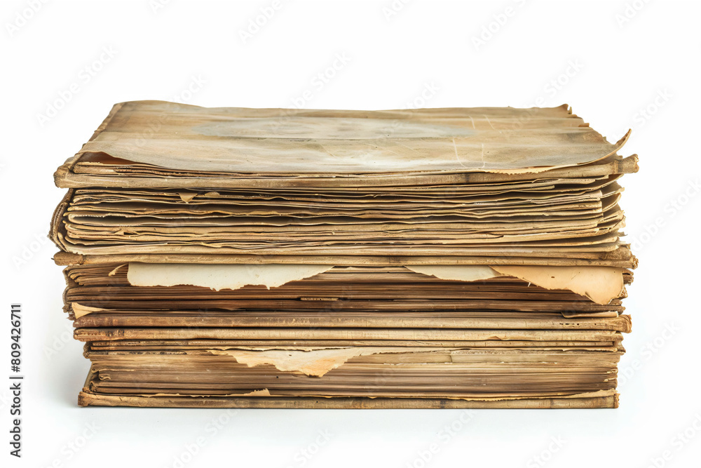 a stack of old papers on a white surface a stack of old papers on a white surface