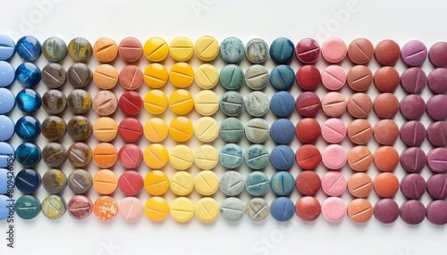 Overhead shot of pills organized in rows by color  representing order and regimen in treatment protocols