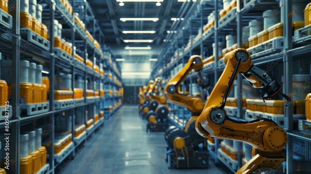 Industrial robotic arms in automated storage facility with shelves of products