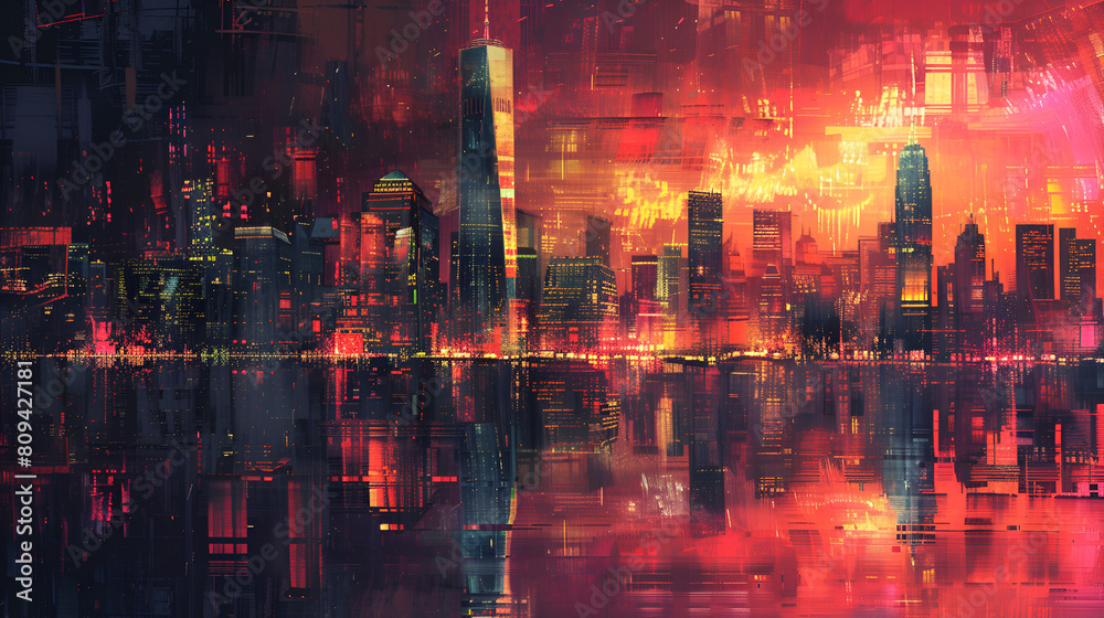 Artistic Painting of Skyscrapers in Abstract Style, Cityscape with Vibrant Colors and Dynamic Brushstrokes, Urban Architecture Illustration, Generative AI

