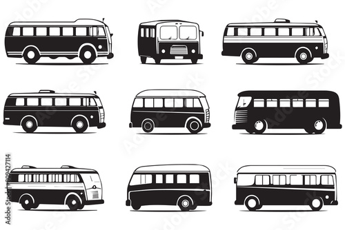 Vector set bundle of black hand drawn bus