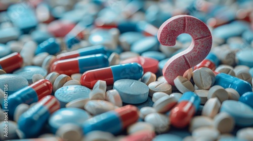 Pills in the shape of a question mark on a curious background, symbolizing the inquiry and skepticism in pharmaceuticals photo