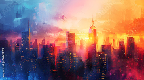 Artistic Painting of Skyscrapers in Abstract Style  Cityscape with Vibrant Colors and Dynamic Brushstrokes  Urban Architecture Illustration  Generative AI  