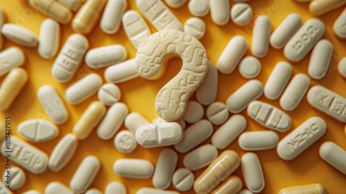 Pills in the shape of a question mark on a curious background, symbolizing the inquiry and skepticism in pharmaceuticals