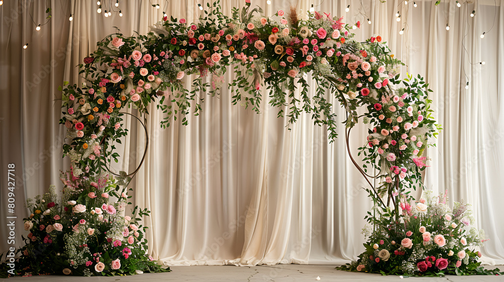 Beautiful Wedding Flower Arch Cut Out, Elegant Floral Decor for Romantic Ceremony, Marriage Celebration Concept, Generative AI

