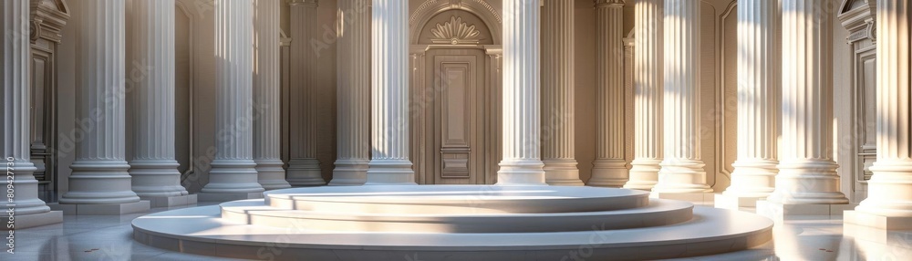 Round podium surrounded by classical columns, perfect for elegant and timeless products Round podium surrounded by classical columns, perfect for elegant and timeless products