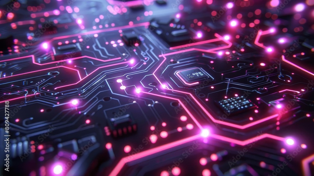Fototapeta premium Neon circuit board layout with glowing lines, perfect for tech and AI presentations