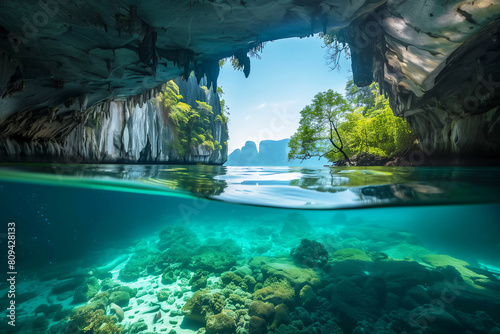 Underwater and sea caves mountain in thailand photo