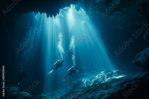 Divers in an underwater cave light nature photography photo