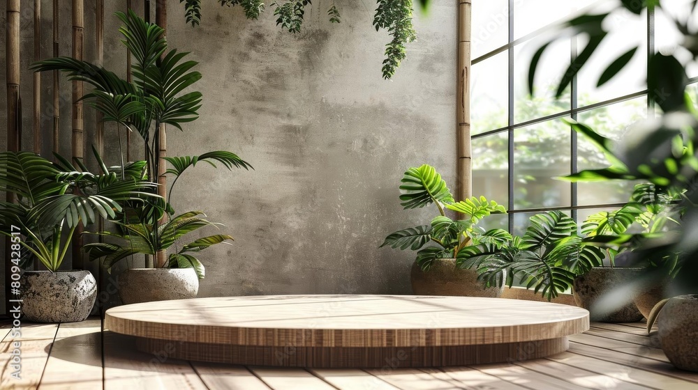 Round podium with ecofriendly materials, promoting sustainability alongside green products Round podium with ecofriendly materials, promoting sustainability alongside green products