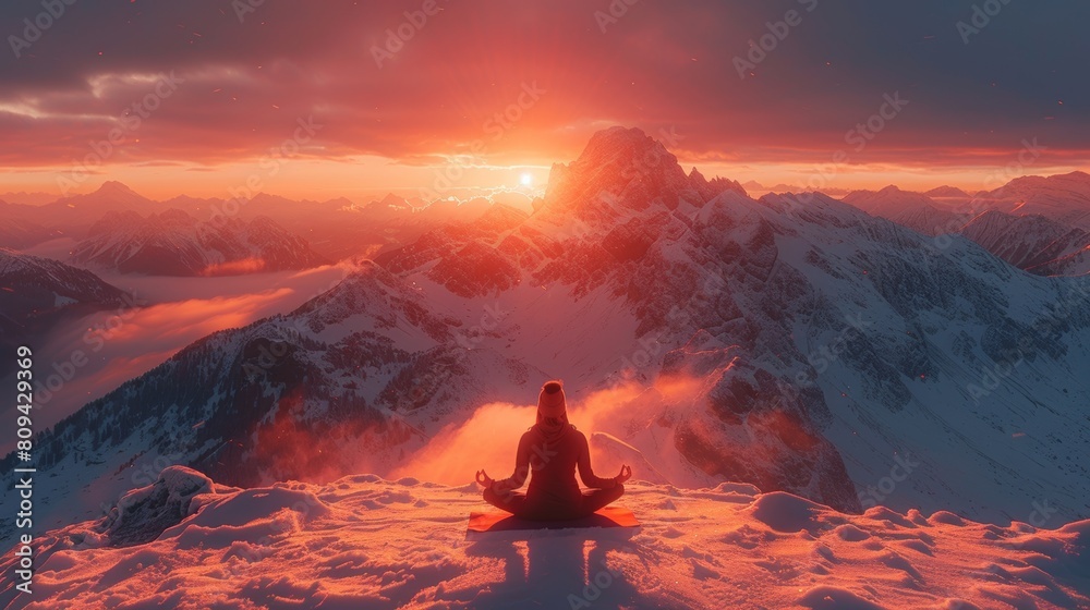 Serene sunrise yoga on snowy mountain peak