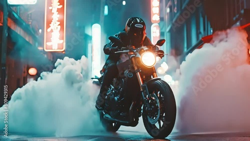 a motorcyclist rides a motorbike and lifts its wheels into the air on a special cyberpunk road, footage, 4k footage, videos, short video. animation, slow motion photo
