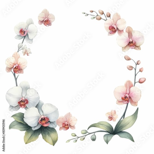 orchid themed frame or border for photos and text. watercolor illustration, Perfect for nursery art, simple clipart, single object, white color background. For greeting card.