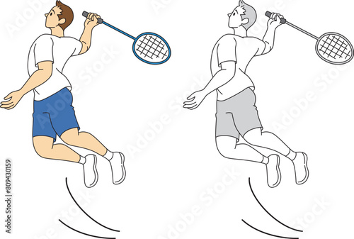 バドミントンの男性選手のイラストセット／Illustration set of male badminton players