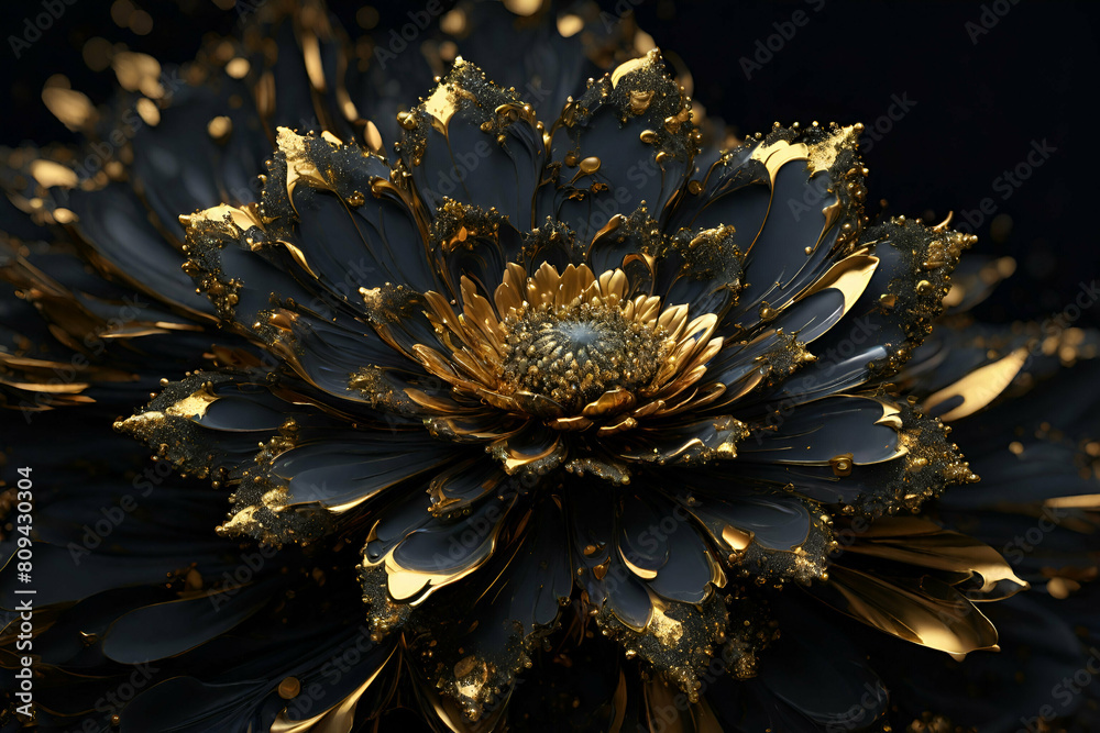 Dark fractal flower with gold pollen, digital artwork