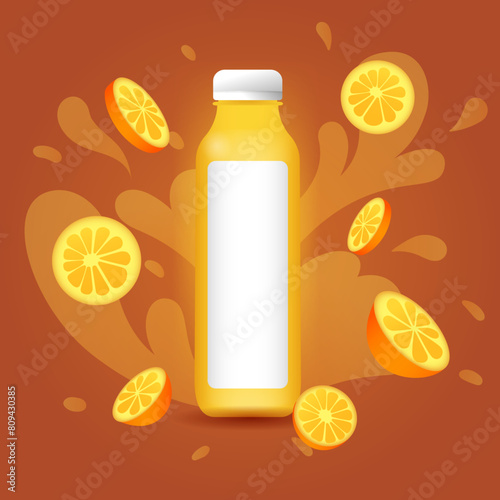 advertising illustration template for orange juice bottle with blank front label, background decorated with oranges and liquid in splash