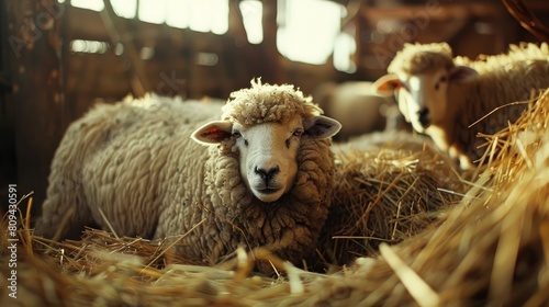 Sheepfold with Racka sheep grazing on hay photo