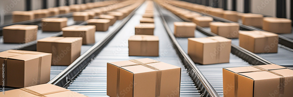 Moving boxes on conveyor belt in warehouse. Shallow depth of field Moving boxes on conveyor belt in warehouse. Shallow depth of field