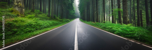 Straight asphalt road in the green forest with tall pine trees. Panoramic view.