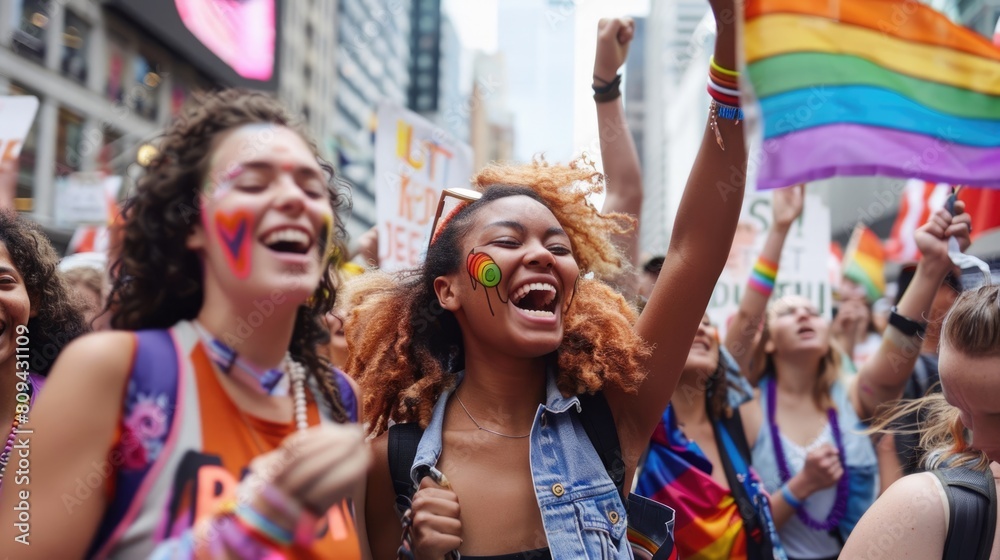 Energetic and joyous young woman cheering at a Pride parade, waving a rainbow flag, surrounded by a festive crowd in an urban setting
