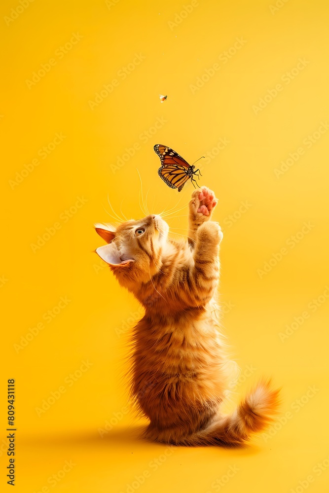 Fototapeta premium Full body of orange cat playing with a butterfly, on solid yellow screen background, fashion photography, evenly lighting