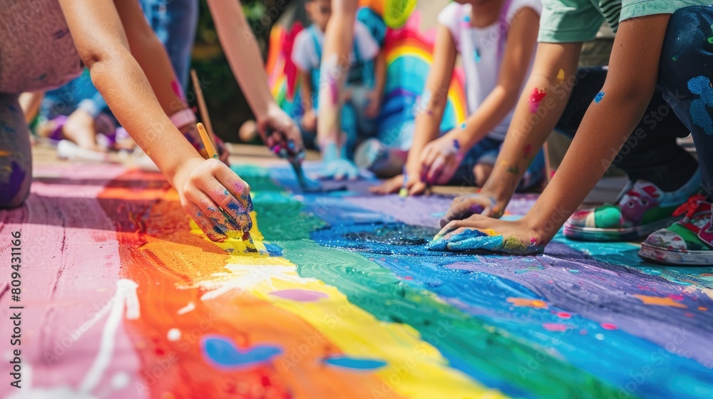 Children engaging in outdoor mural painting, vividly decorating a large canvas with rainbow colors
Children engaging in outdoor mural painting, vividly decorating a large canvas with rainbow colors