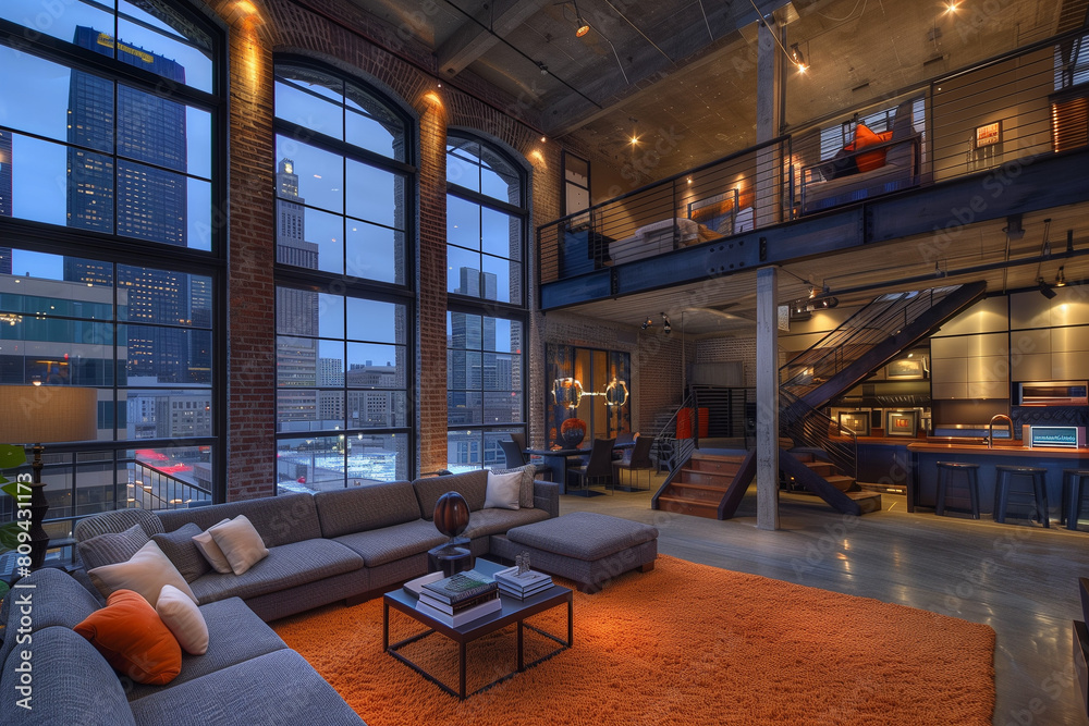 Urban loft editorial showcasing modern industrial style, large windows, bold contrasting palette, and integration with Urban Modernity's sustainability under sunset.