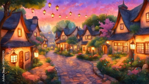 As dusk fades, the houses in the village shine brightly with shining lights, creating an aura of warmth around them. seamless looping time lapse animation video background photo
