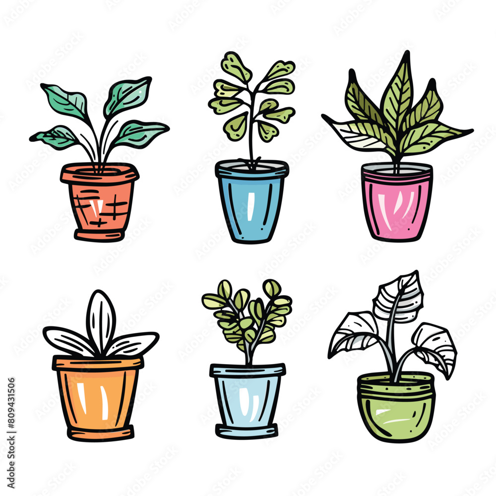 Set six colorful handdrawn potted plants, different species pot colors, doodle style illustration. Indoor gardening, home decoration concept, green foliage planters. Vibrant sketch houseplants Set six colorful handdrawn potted plants, different species pot colors, doodle style illustration. Indoor gardening, home decoration concept, green foliage planters. Vibrant sketch houseplants