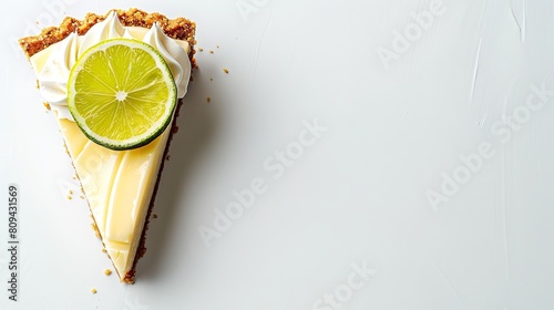 Just a single slice of typical sweet cheese key lime pie with cream over top and lime zest strewn over a white setting appealing and space, Generative AI.