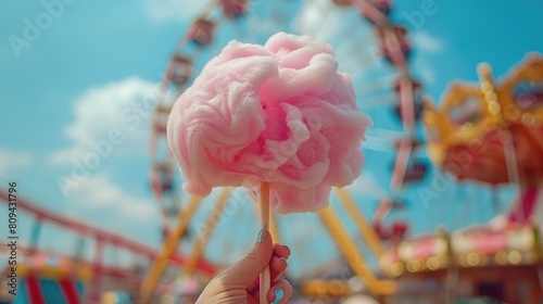A hand holding a pink cotton candy with a Ferris wheel in the background.