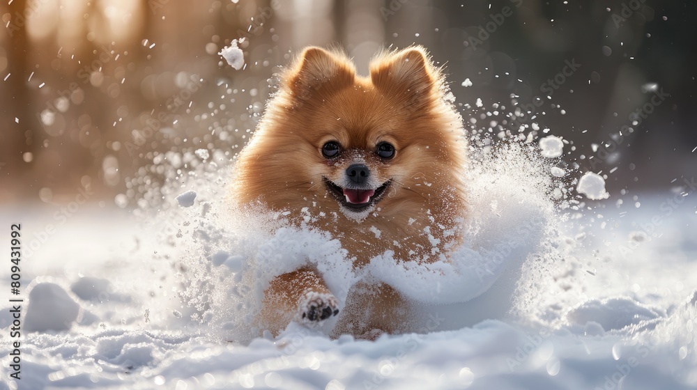 Cute dog running and playing in the snow Cute dog running and playing in the snow