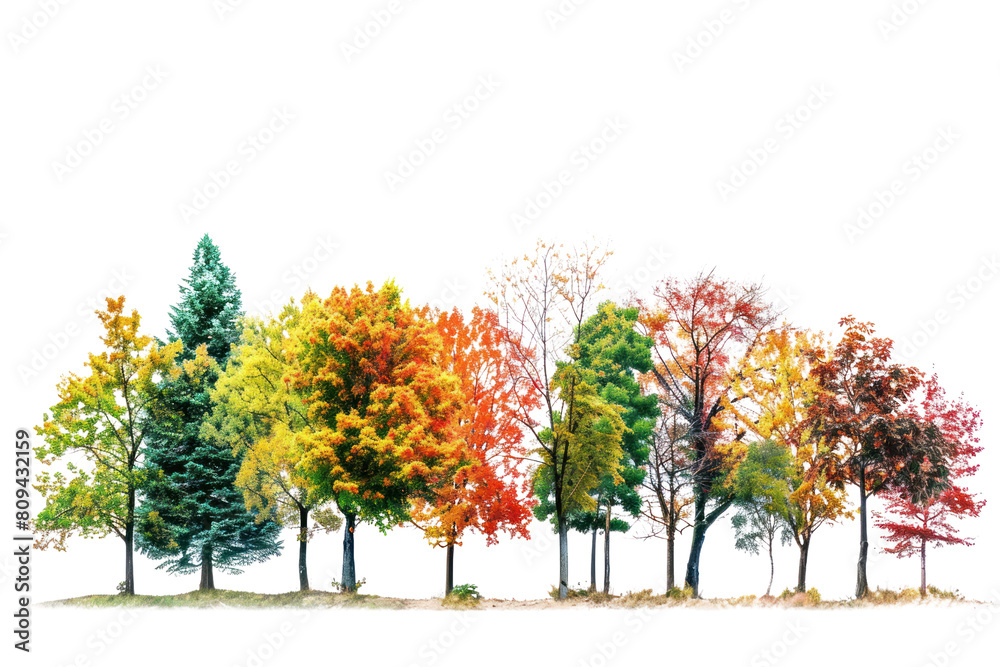 Naklejka premium A breathtaking tapestry of isolated trees, their autumnal foliage ablaze with fiery reds, oranges, and yellows, set against a crisp white canvas., realistic photos on a white background