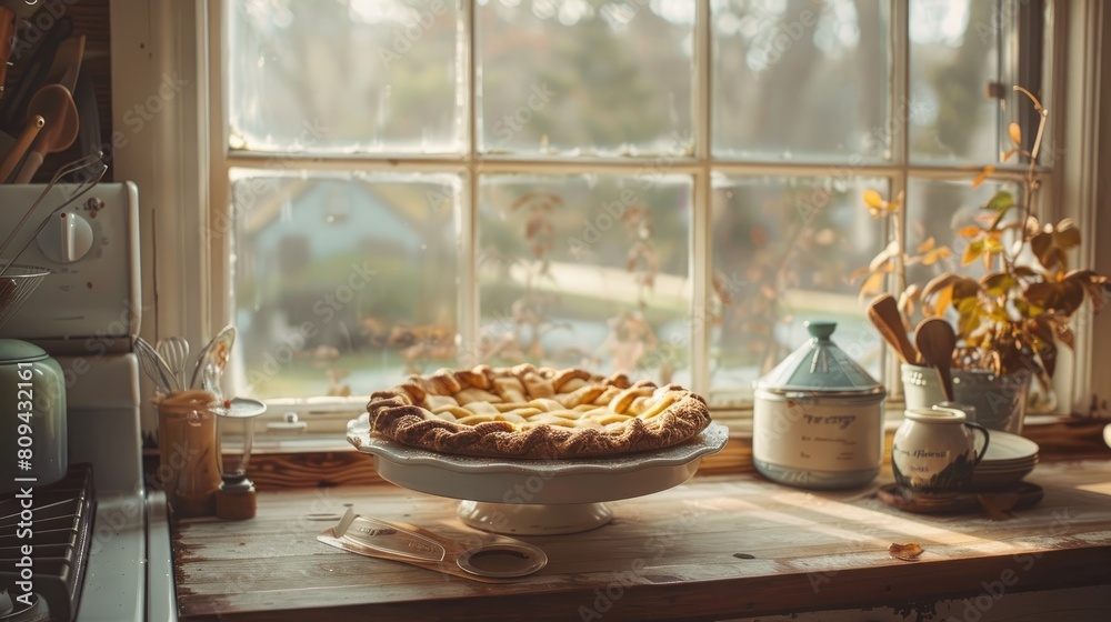 a pie sitting on a table in front of a window a pie sitting on a table in front of a window
