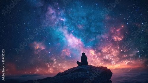 The image shows a person sitting on a rock and looking at the stars. The sky is full of stars and the person is in a peaceful and serene state of mind.