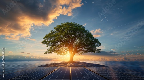 Renewable energy concept - solar panels and tree at sunset