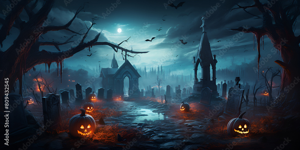 halloween background with pumpkins, Halloween Party Card Pumpkins And Skeleton In Graveyard At Night With Wooden Board, Graveyard halloween background horror theme with haunted house wallpaper

