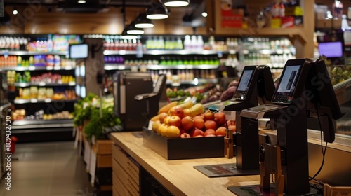 A high-tech checkout at a grocery store where customers scan and pay using their mobile devices, in a streamlined, efficient setting, styled as a next-gen supermarket