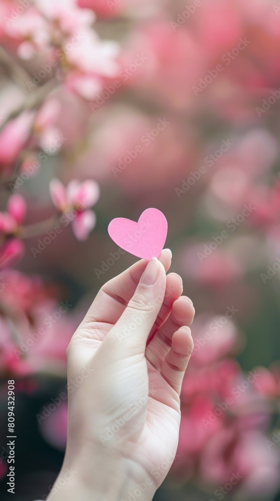 Young woman hand holding a pink paper heart shape story background Young woman hand holding a pink paper heart shape story background