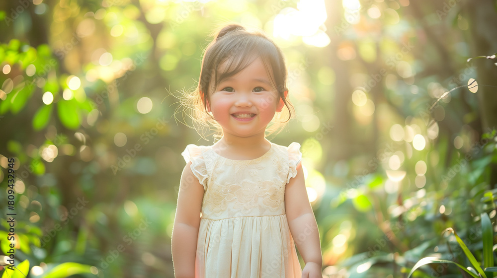 日本人の幼児の女の子がかわいいワンピースを着て自然の緑の中で笑っている、背景自然のボケ 日本人の幼児の女の子がかわいいワンピースを着て自然の緑の中で笑っている、背景自然のボケ