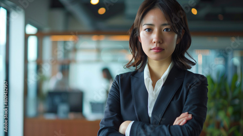 オフィスで腕組みして挑戦的な表情をしている日本人の若い女性、背景おしゃれなオフィスのボケ、日本の企業戦士 photo