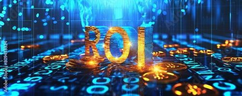 Digital roi concept with glowing 3d text and coins photo