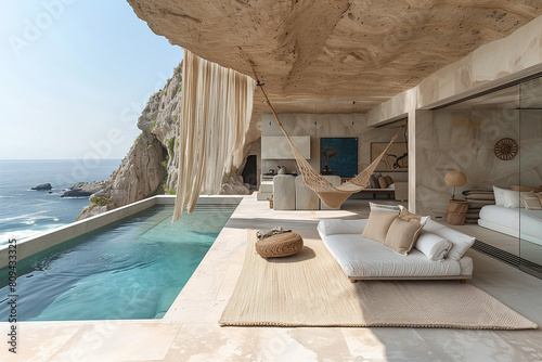 Beachside bungalow editorial in modern coastal style, featuring woven hammock, bright refreshing palette, promoting Seaside Sanctuaries' sustainability in morning light.