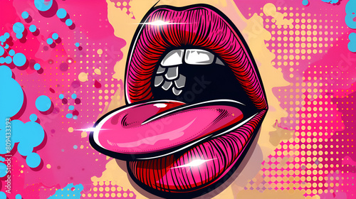 Pink and Red Lips with Mouth and Tongue Icon on Pop Art Retro Background, Sensual Female Lips Close Up Illustration, Beauty and Fashion Concept, Generative AI

